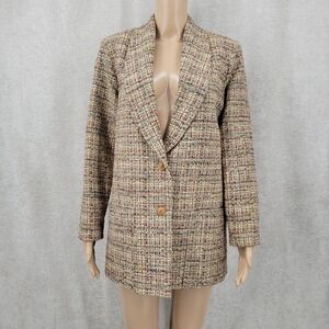 Vintage Tweed Blazer Jacket Coat Longline Shawl Collar Cream Multi